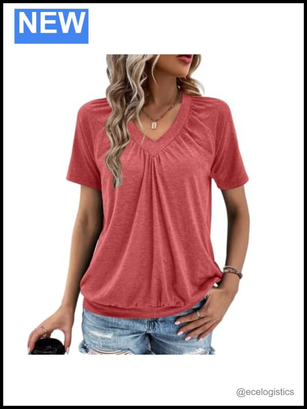 V Neck Short Sleeve Loose Fit Ruched Top T Shirt
